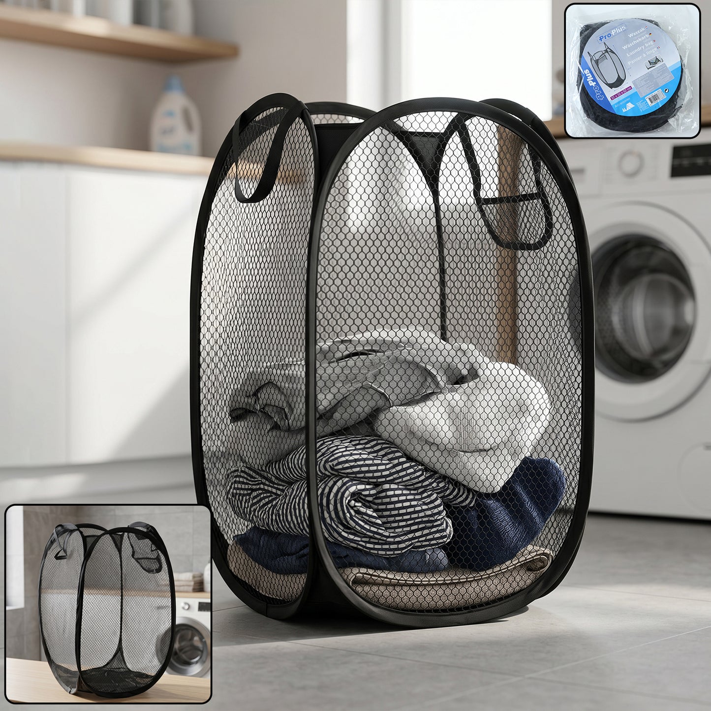 Wukusy foldable mesh laundry basket storage hamper bag, 34x34x57 cm, with breathable mesh design and sturdy handles for easy laundry transport.