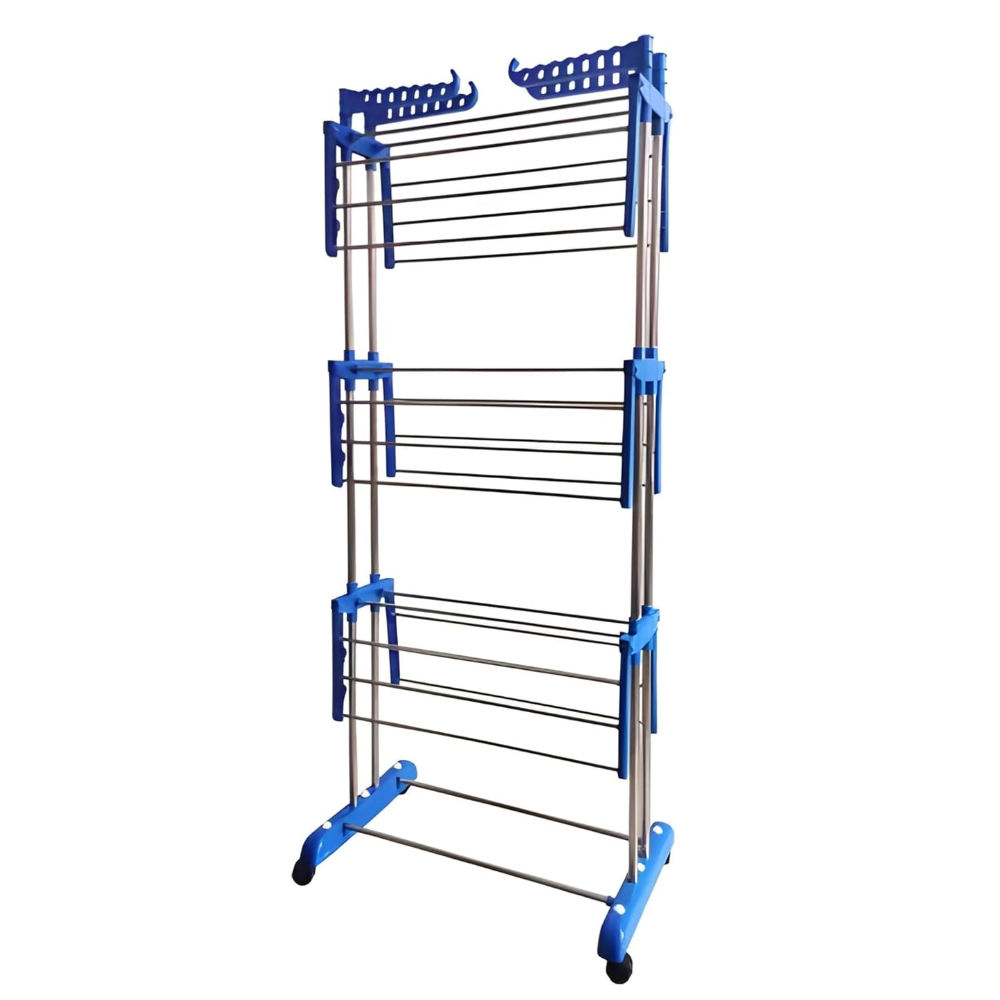 Foldable stainless steel clothes drying stand rack by Wukusy with multiple bars for hanging laundry, compact and portable design.