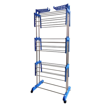 Foldable stainless steel clothes drying stand rack by Wukusy with multiple bars for hanging laundry, compact and portable design.