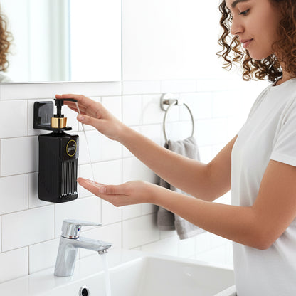 Wukusy Frenzy liquid handwash dispenser bottle on a bathroom countertop, white plastic pump and transparent container.