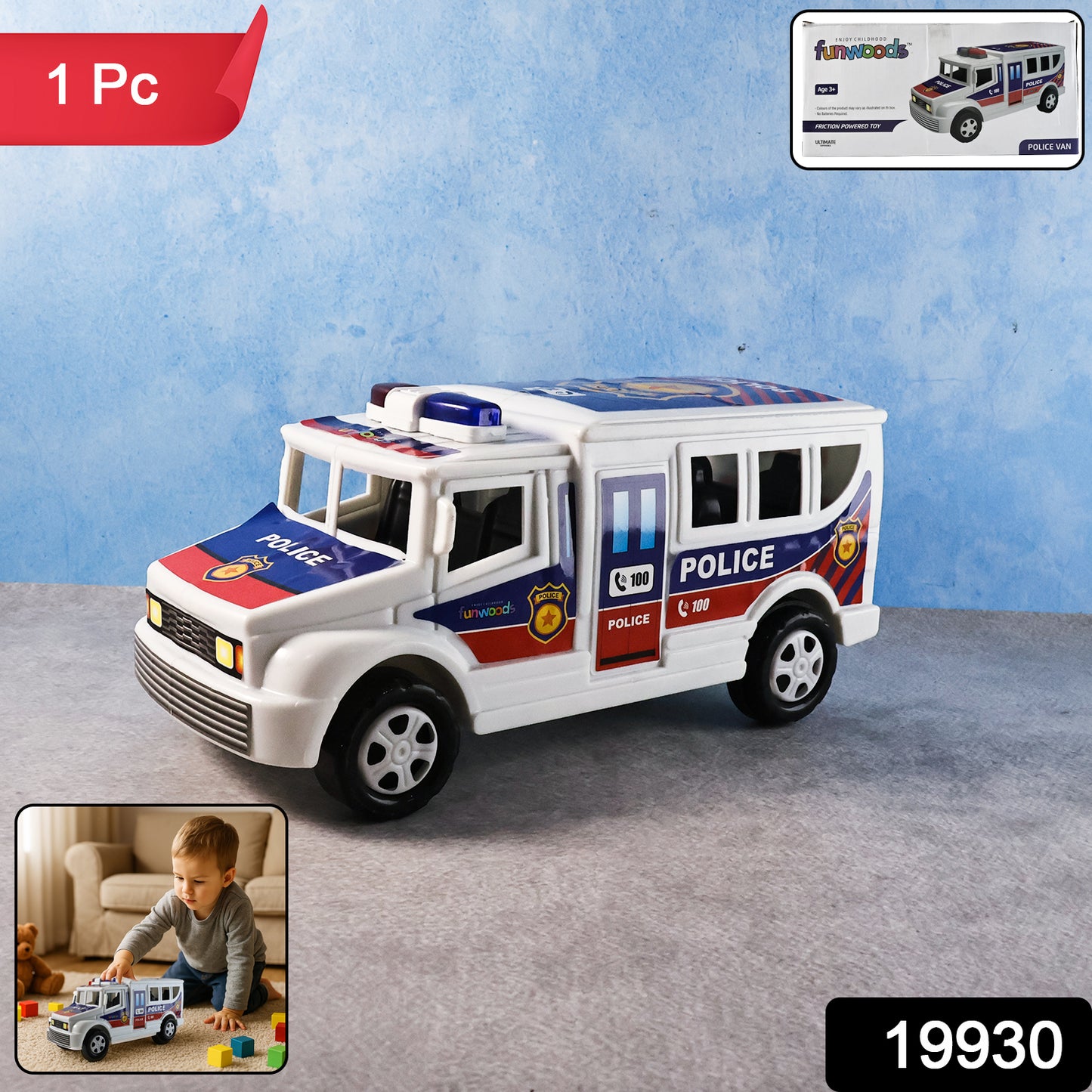 Wukusy Funwoods police van toy, a colorful plastic police vehicle for children, shown from the side with detailed police markings