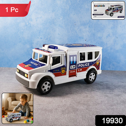 Wukusy Funwoods police van toy, a colorful plastic police vehicle for children, shown from the side with detailed police markings