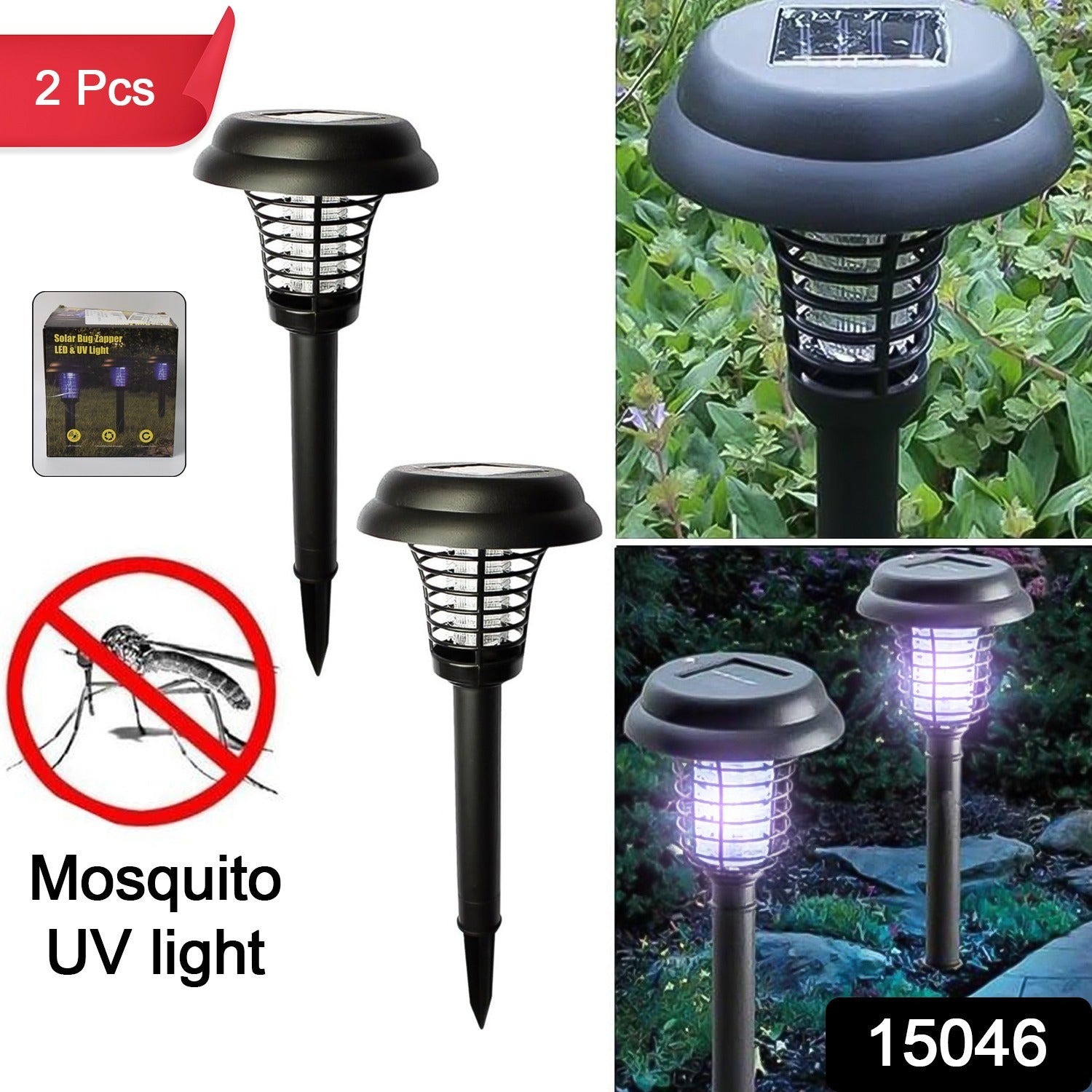 Wukusy solar-powered UV LED mosquito trap and bug zapper, 2-piece outdoor garden lighting device with UV light for insect control.