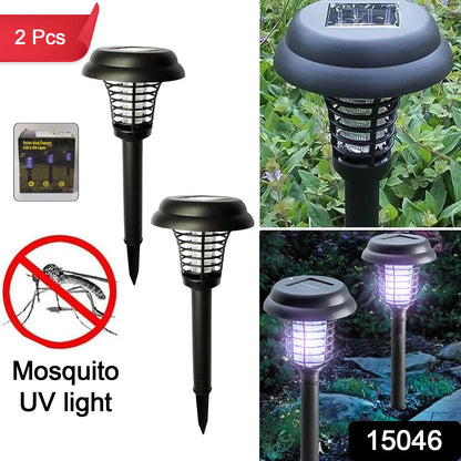 Wukusy solar-powered UV LED mosquito trap and bug zapper, 2-piece outdoor garden lighting device with UV light for insect control.