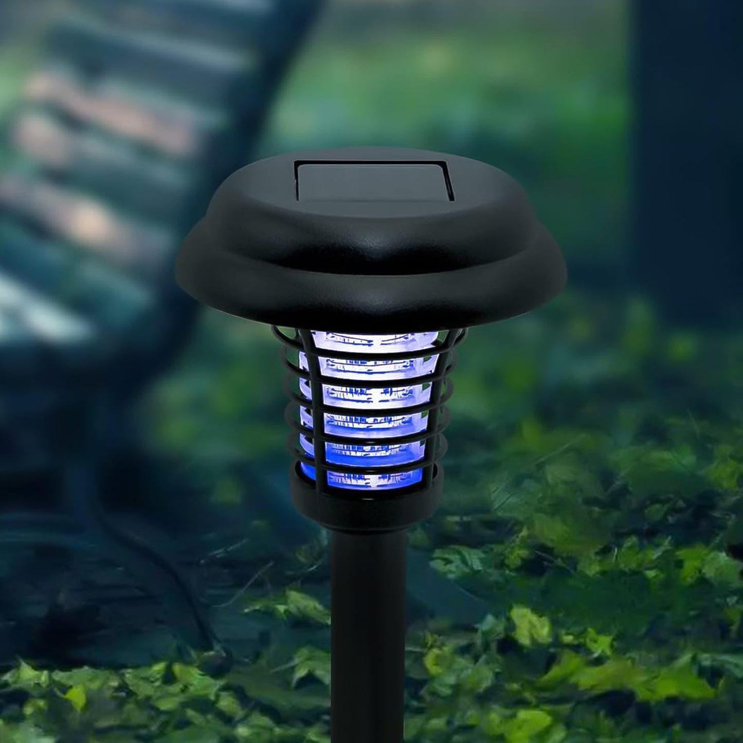 Two Wukusy solar-powered UV LED mosquito traps with bug zappers for outdoor garden lighting and pest control.