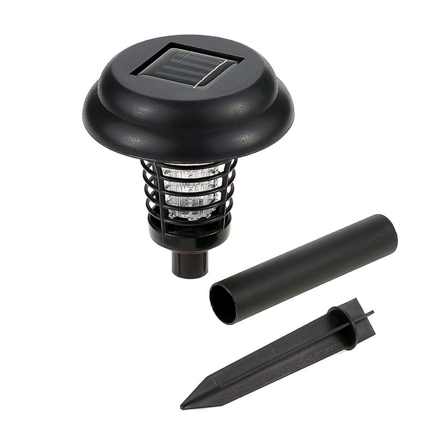 Two Wukusy solar-powered UV LED mosquito traps with bug zappers for outdoor garden lighting and pest control.
