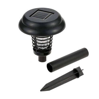 Two Wukusy solar-powered UV LED mosquito traps with bug zappers for outdoor garden lighting and pest control.