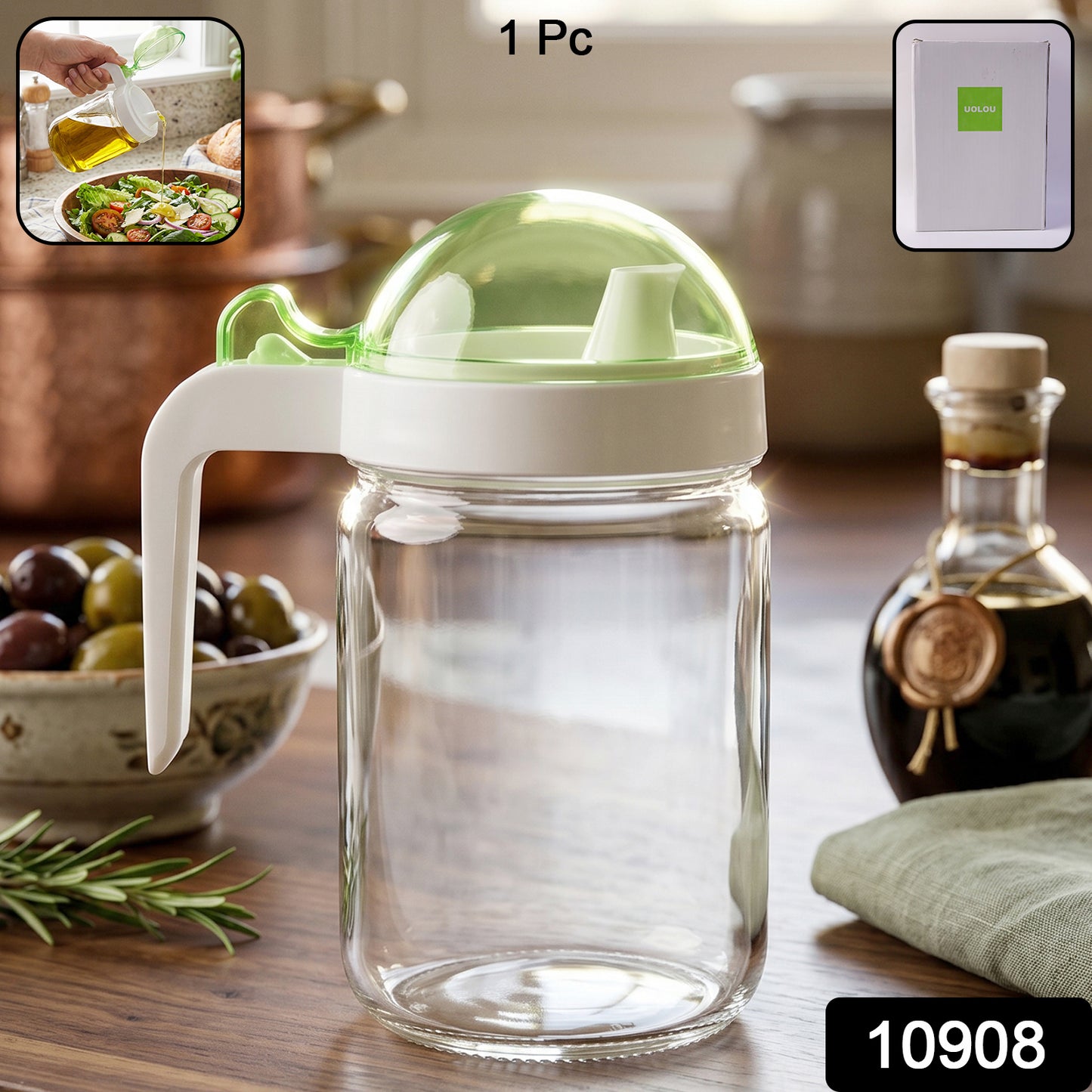 Wukusy glass oil bottle with lid, 580ml capacity, ideal for storing and pouring cooking oils in a kitchen.