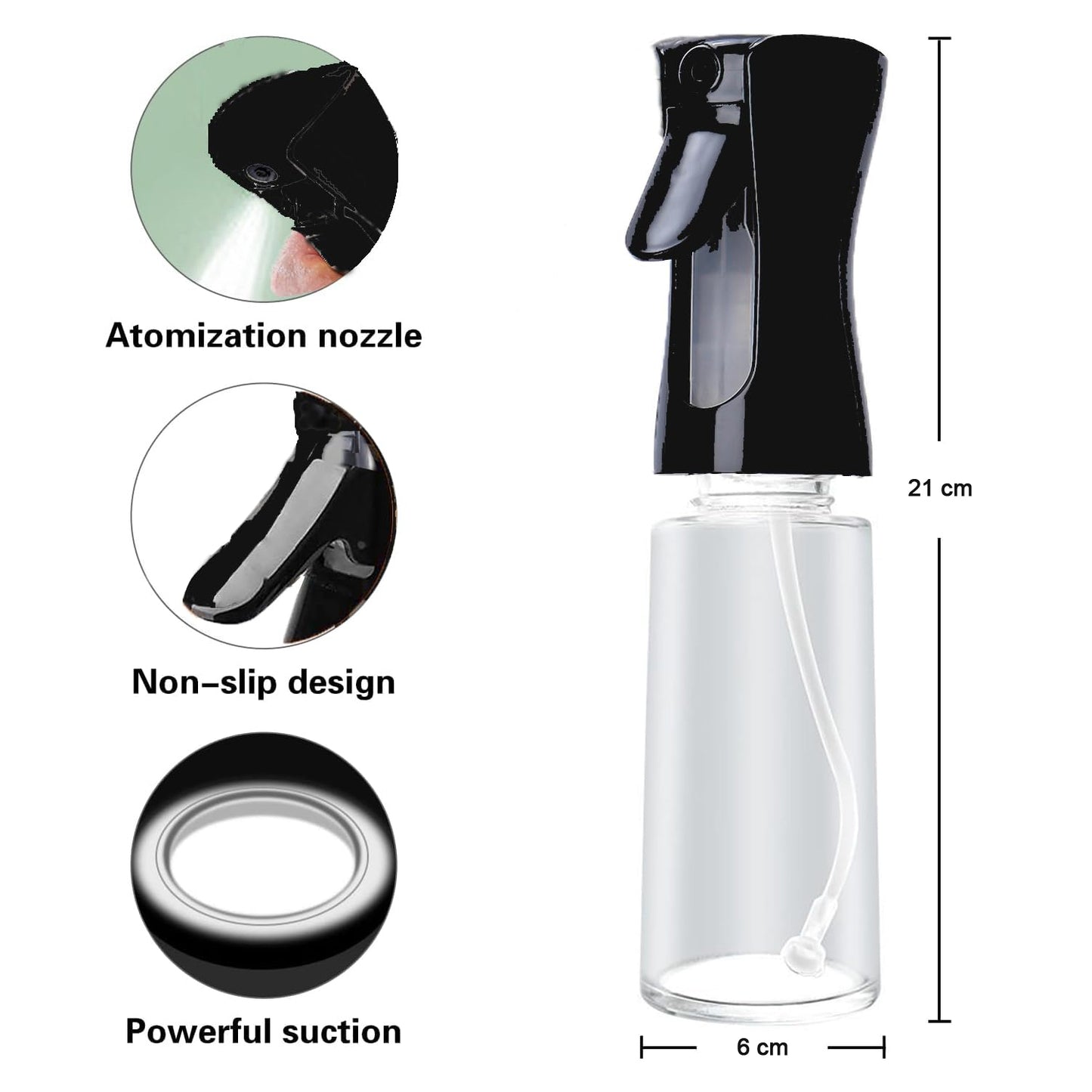 Wukusy glass premium oil spray bottle, 300 ml, clear with spray nozzle, used for cooking or kitchen seasoning.