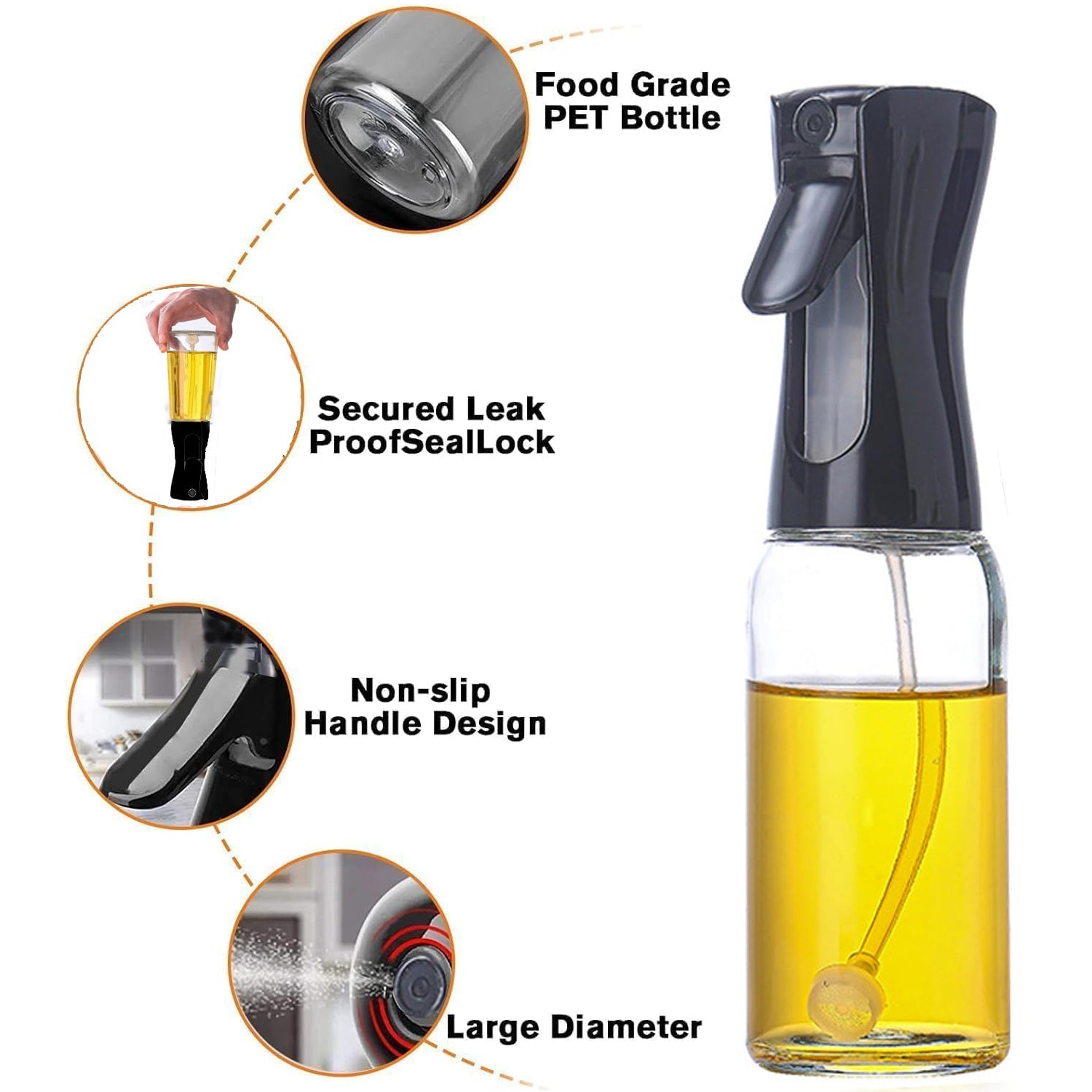 Wukusy Glass Premium Oil Spray Bottle, 300ml, clear glass with spray nozzle for cooking or dressing.
