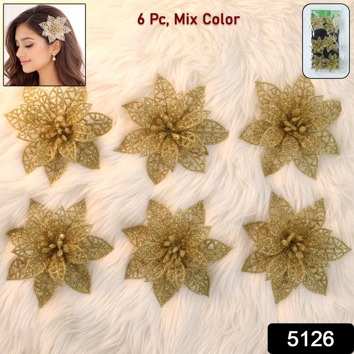 Wukusy glitter flower hair clip set with six colorful hair accessories featuring sparkly flower designs.