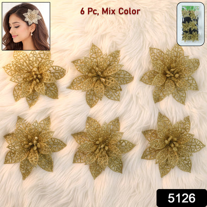 Wukusy glitter flower hair clip set with six colorful hair accessories featuring sparkly flower designs.