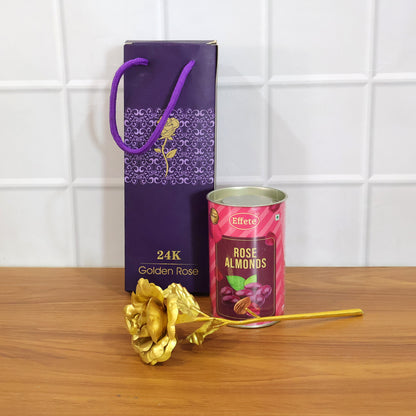 Wukusy Golden Rose with Almonds Chocolate Gift Set featuring a luxurious chocolate box with almond-filled chocolates and a decorative golden rose.