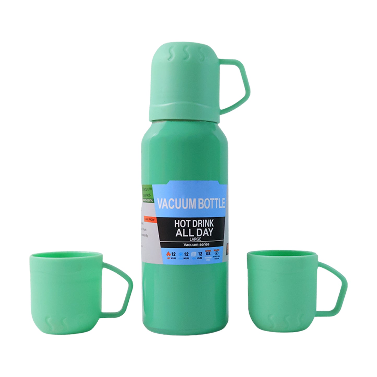 Wukusy green stainless steel vacuum flask set with 3 cups, approximately 500ml capacity, ideal for hot and cold beverages.