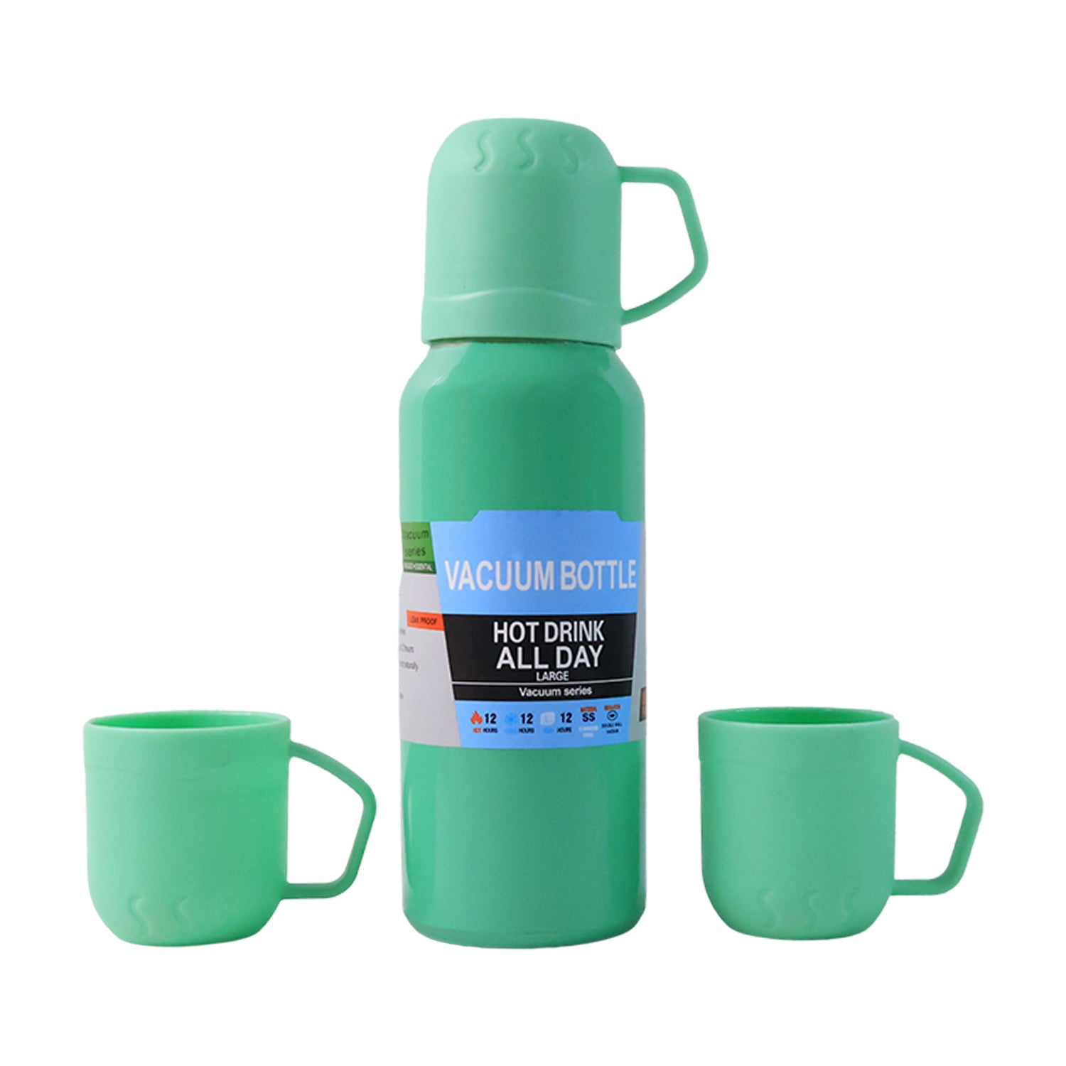 Wukusy green stainless steel vacuum flask set with 3 cups, approximately 500ml capacity, ideal for hot and cold beverages.