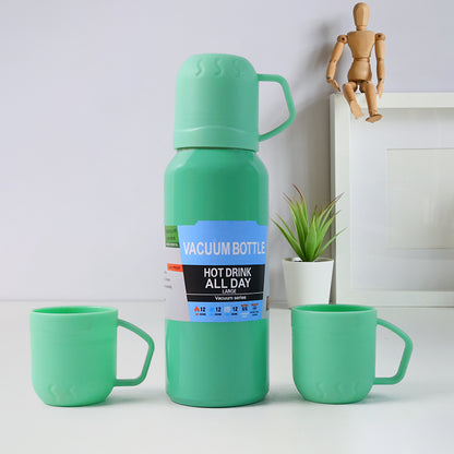 Green Wukusy stainless steel vacuum flask set with 3 cups, 500ml thermos for hot or cold beverages on the go.