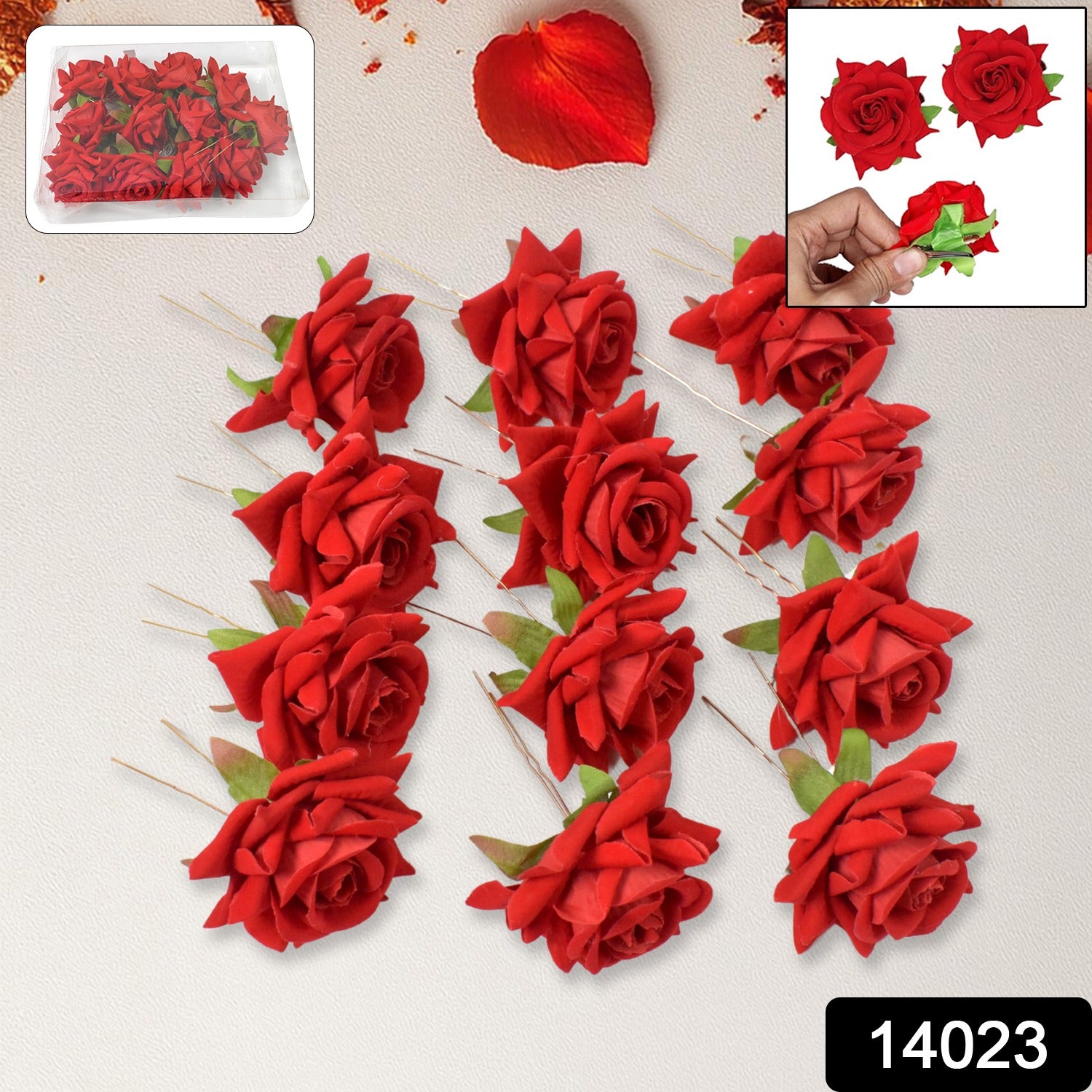 Set of 12 Wukusy red rose bridal hair clips and pins featuring elegant floral designs for special occasions.