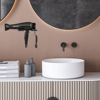 Wall-mounted Wukusy plastic hair dryer holder organizer rack for bathroom and bedroom, keeps blow dryer and hair tools neatly stored.