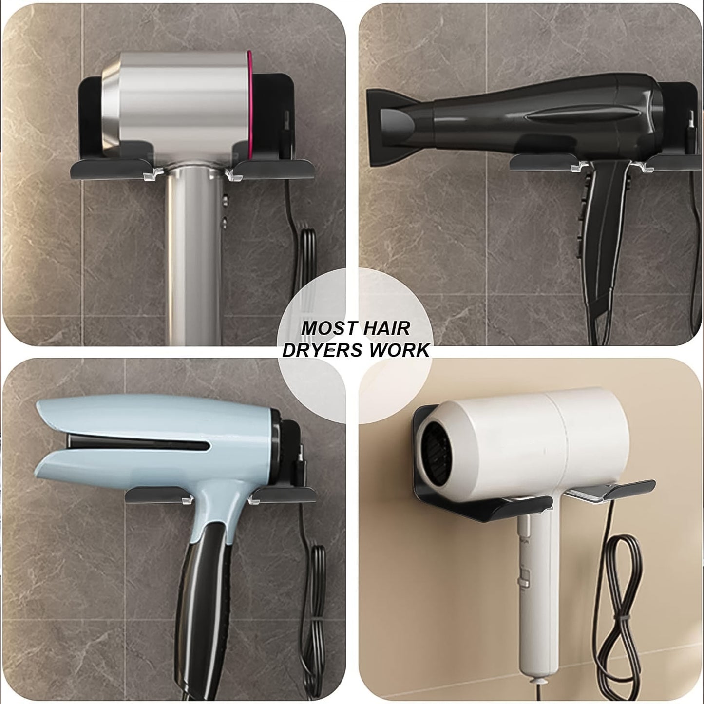 Wall-mounted Wukusy plastic hair dryer holder rack with space for blow dryers and hair tools, suitable for bedroom or bathroom use.