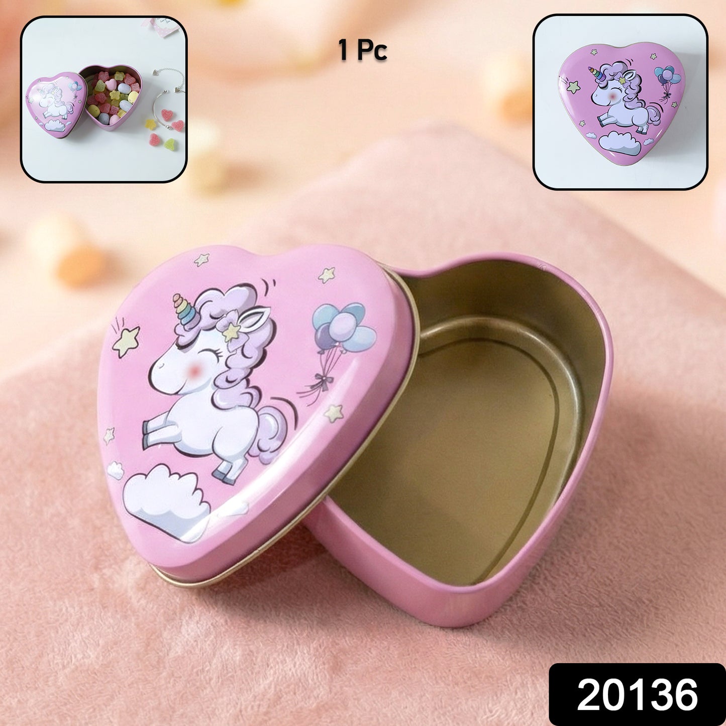 Heart-shaped unicorn printed storage box by Wukusy, versatile and decorative for organizing small items or gifts.