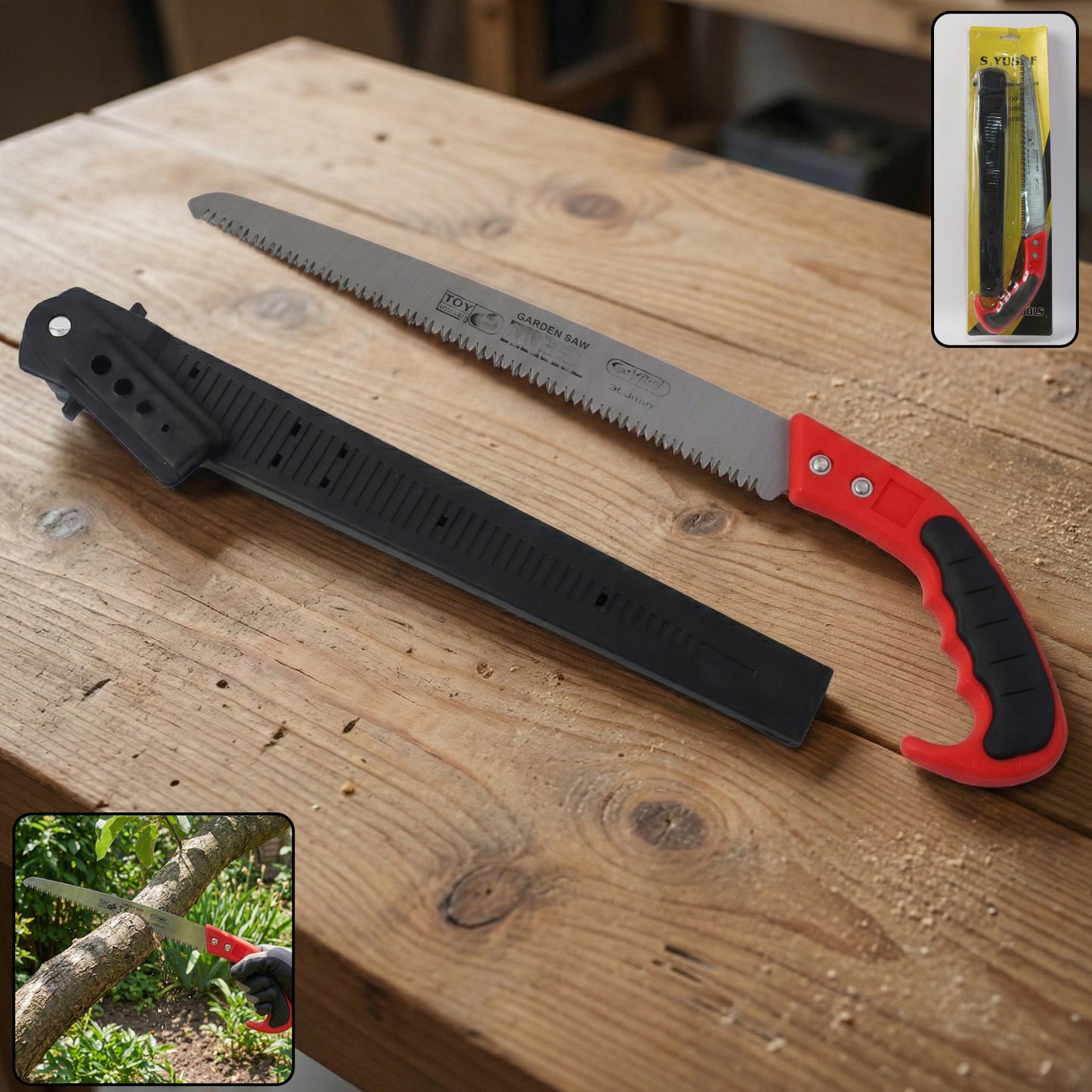 Wukusy heavy-duty 300mm manual garden pruning saw with sharp blade for efficient branch cutting, displayed in a natural outdoor setting.