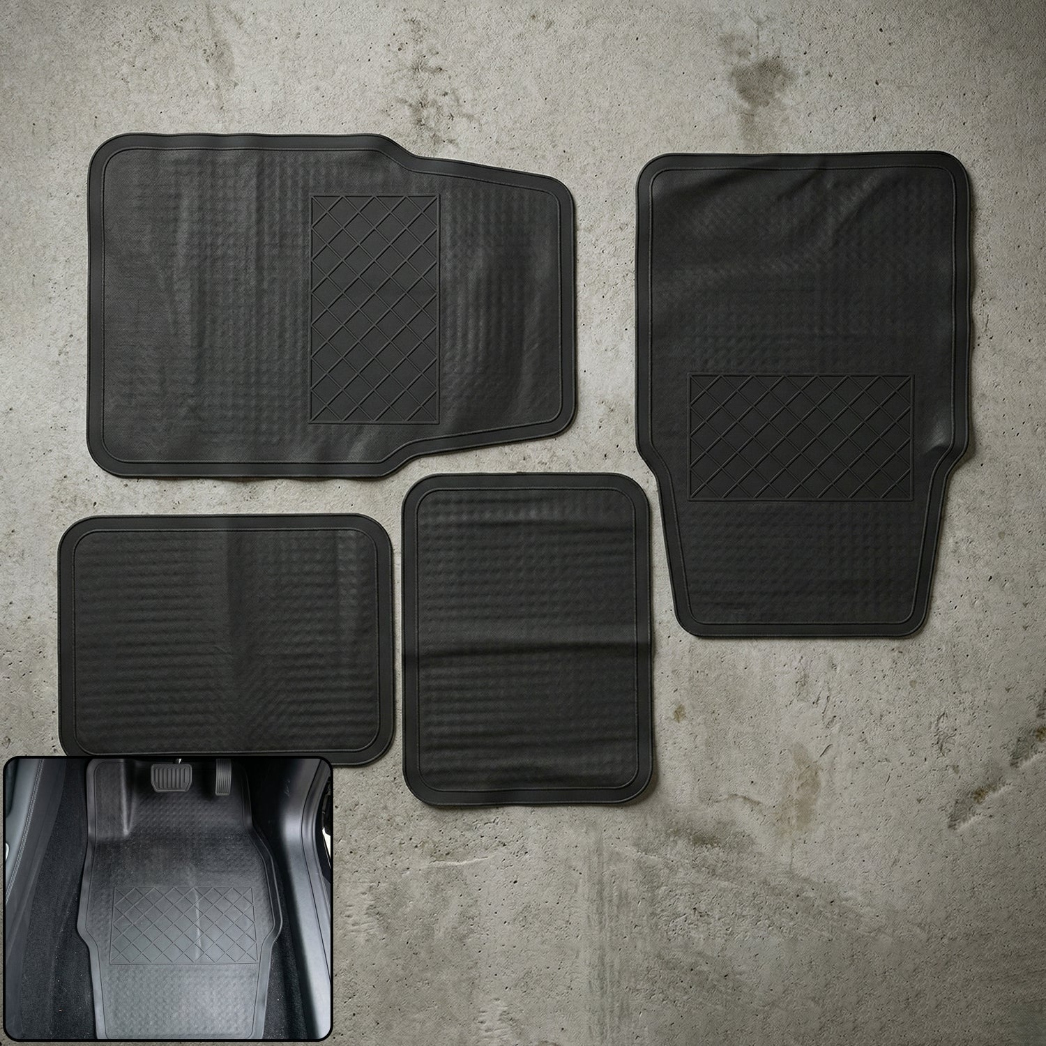 Wukusy heavy-duty anti-slip rubber car foot mat set with four durable, textured mats for secure footing inside a vehicle.