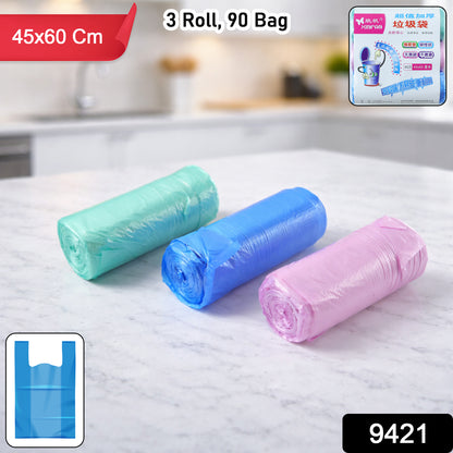Heavy-duty disposable garbage bags roll by Wukusy, 45x60 cm size, three rolls totaling 90 bags for durable waste disposal.