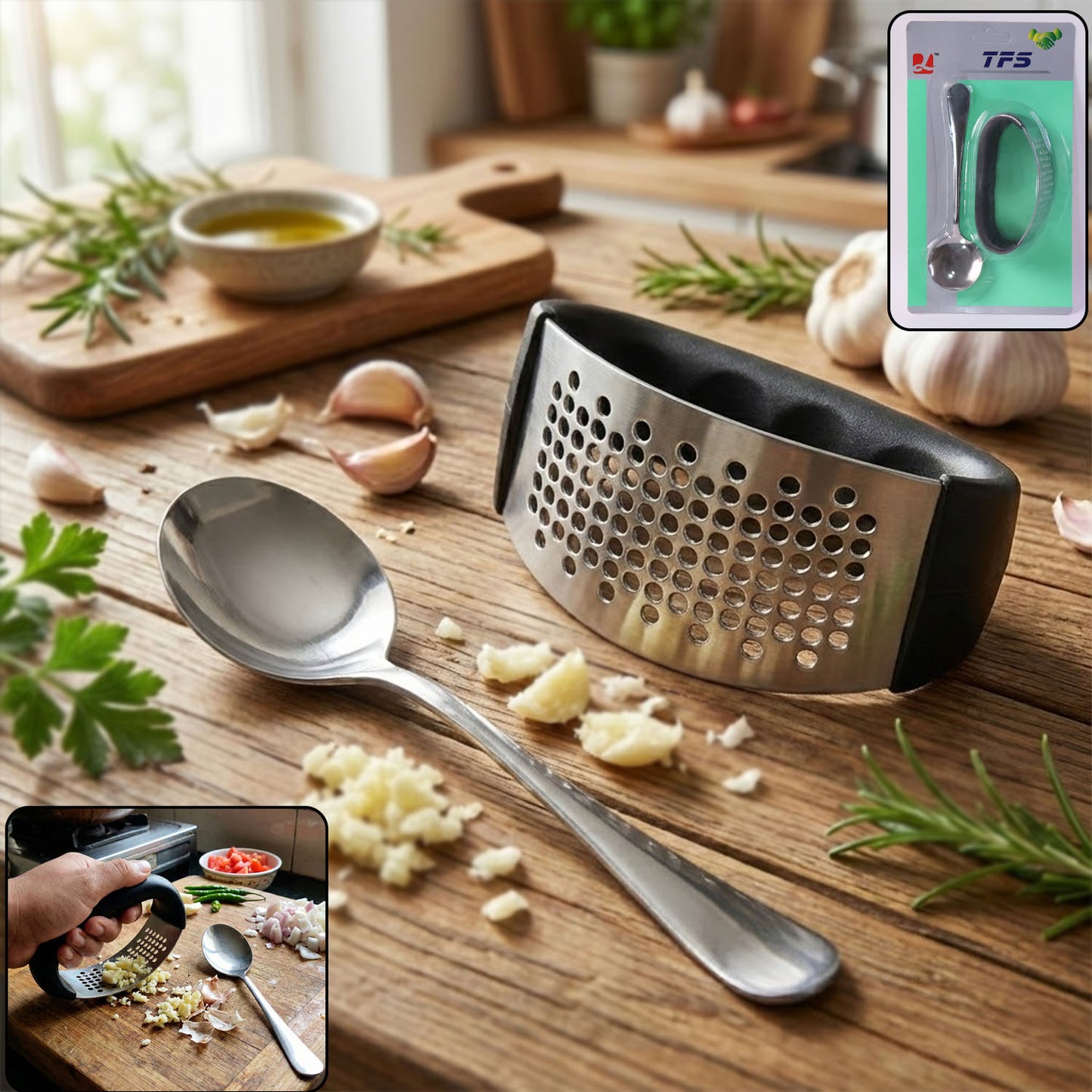 Wukusy heavy-duty garlic press tool with spoon set, durable stainless steel kitchen utensils, ideal for garlic crushing and prep.