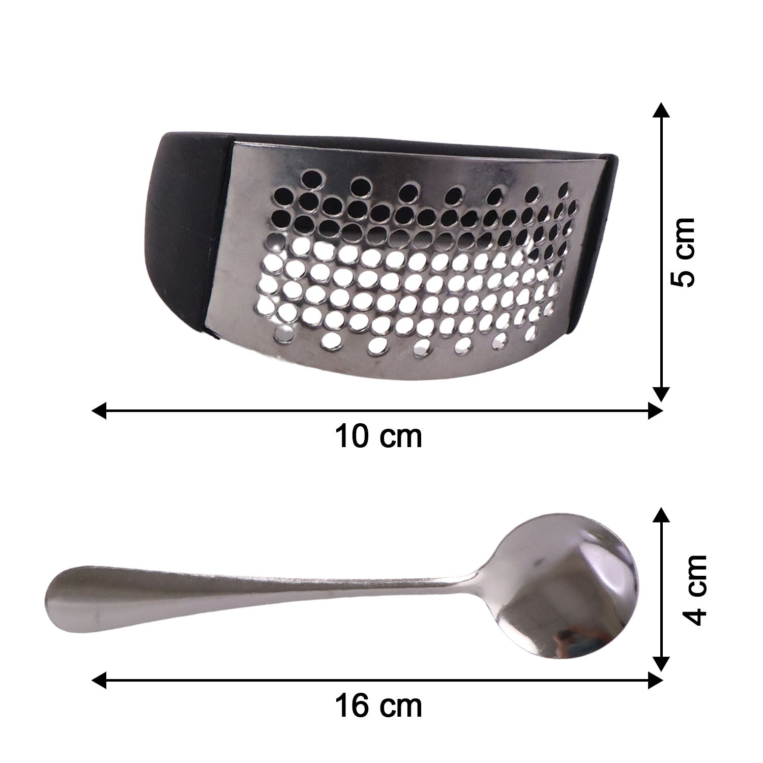 Heavy-duty Wukusy garlic press tool with matching spoon set, two-piece kitchen utensil for crushing garlic easily.