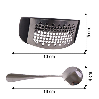 Heavy-duty Wukusy garlic press tool with matching spoon set, two-piece kitchen utensil for crushing garlic easily.