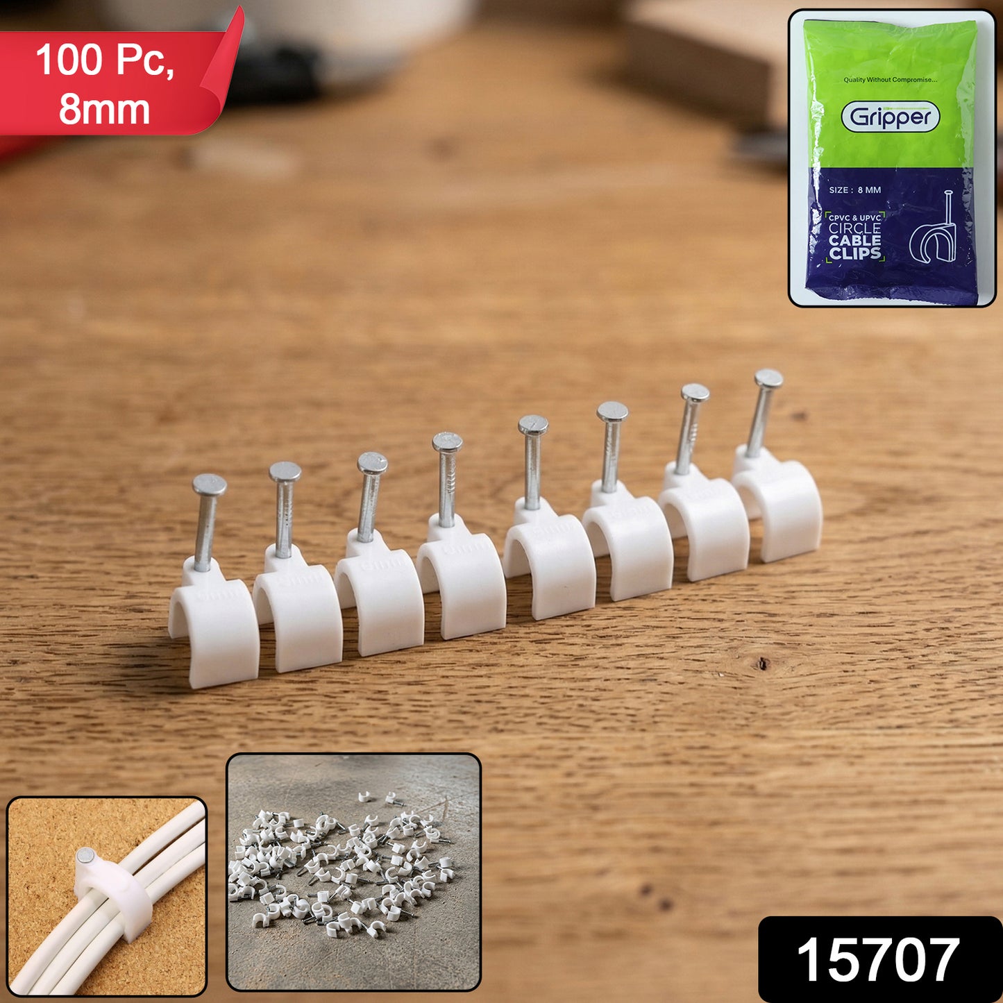 Set of 100 Wukusy heavy-duty plastic cable clips with steel nails, 8mm size for securing cables and wires efficiently.