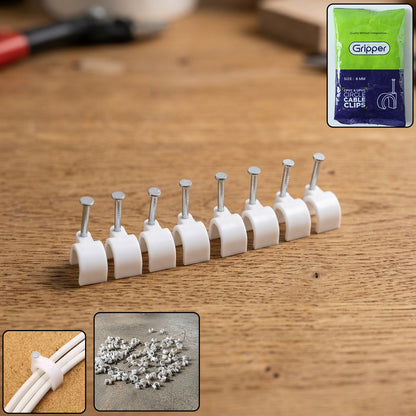 Wukusy heavy-duty plastic cable clip with steel nail, 8mm size, 100-pack for secure cable management.