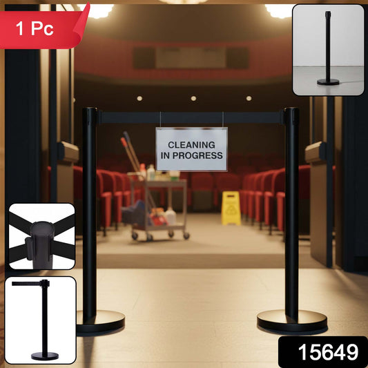 Wukusy heavy-duty retractable belt crowd control pole with sturdy base, used for managing queues and directing foot traffic.