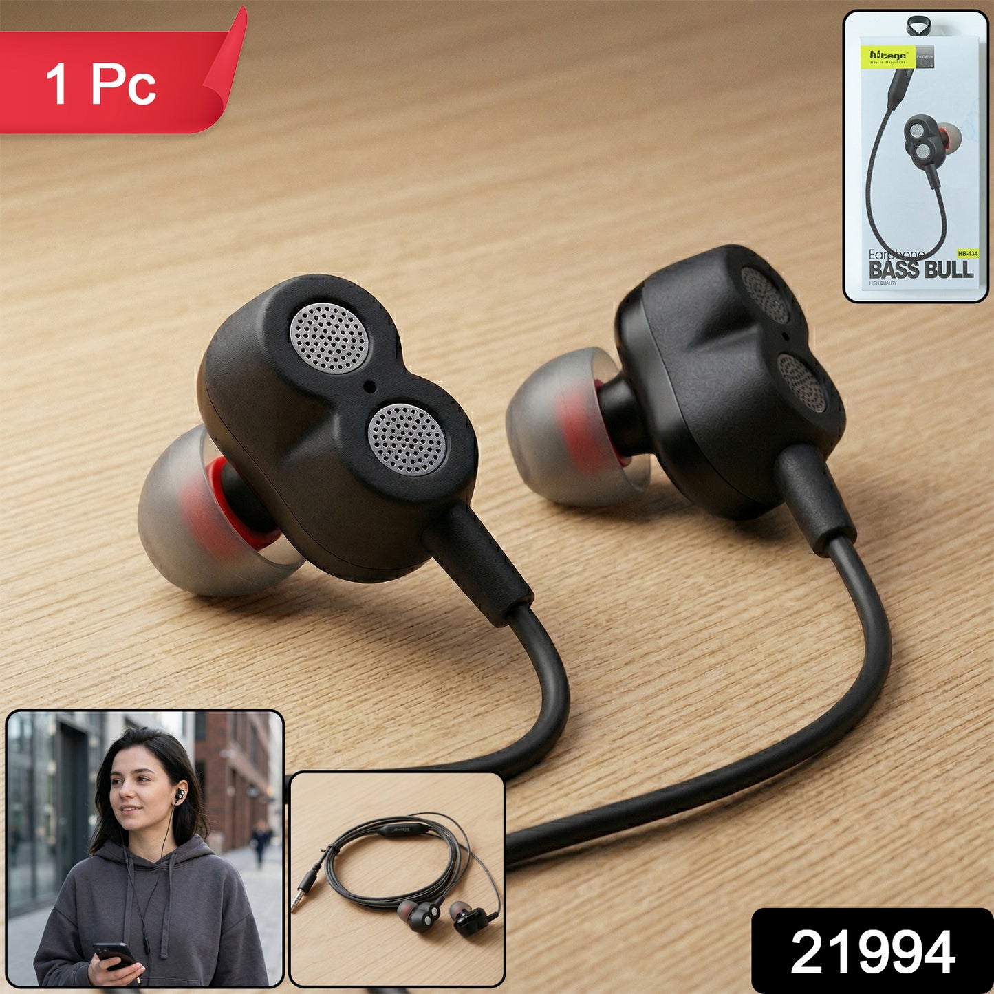 Wukusy high bass stereo sound wired in-ear earphones showing sleek black design with inline microphone and control button.