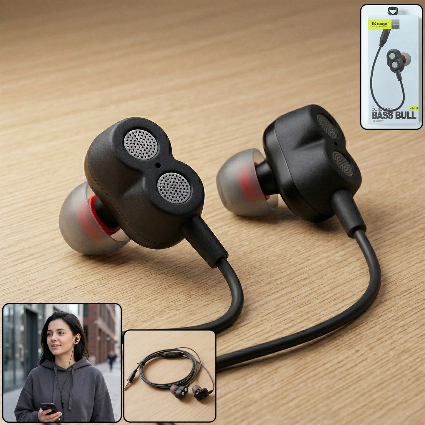 Wukusy high bass stereo sound wired in-ear earphones showing black earbuds and inline microphone on a white background.