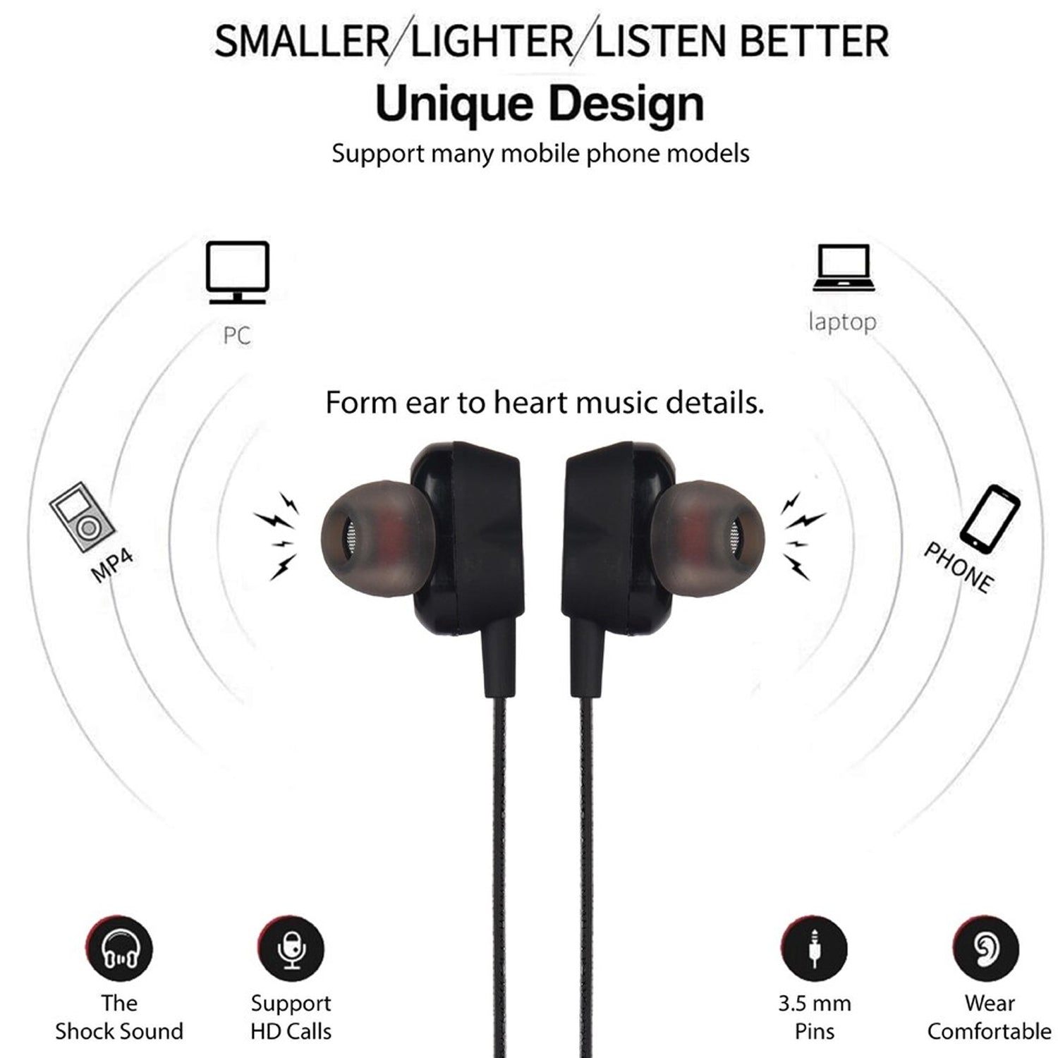 Wukusy high bass stereo wired in-ear earphones with inline microphone and control, black color for clear audio and comfortable fit.