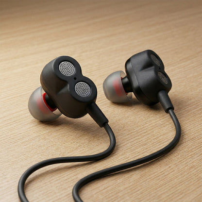Wukusy high bass wired in-ear earphones with stereo sound, black design, and inline microphone for clear audio.