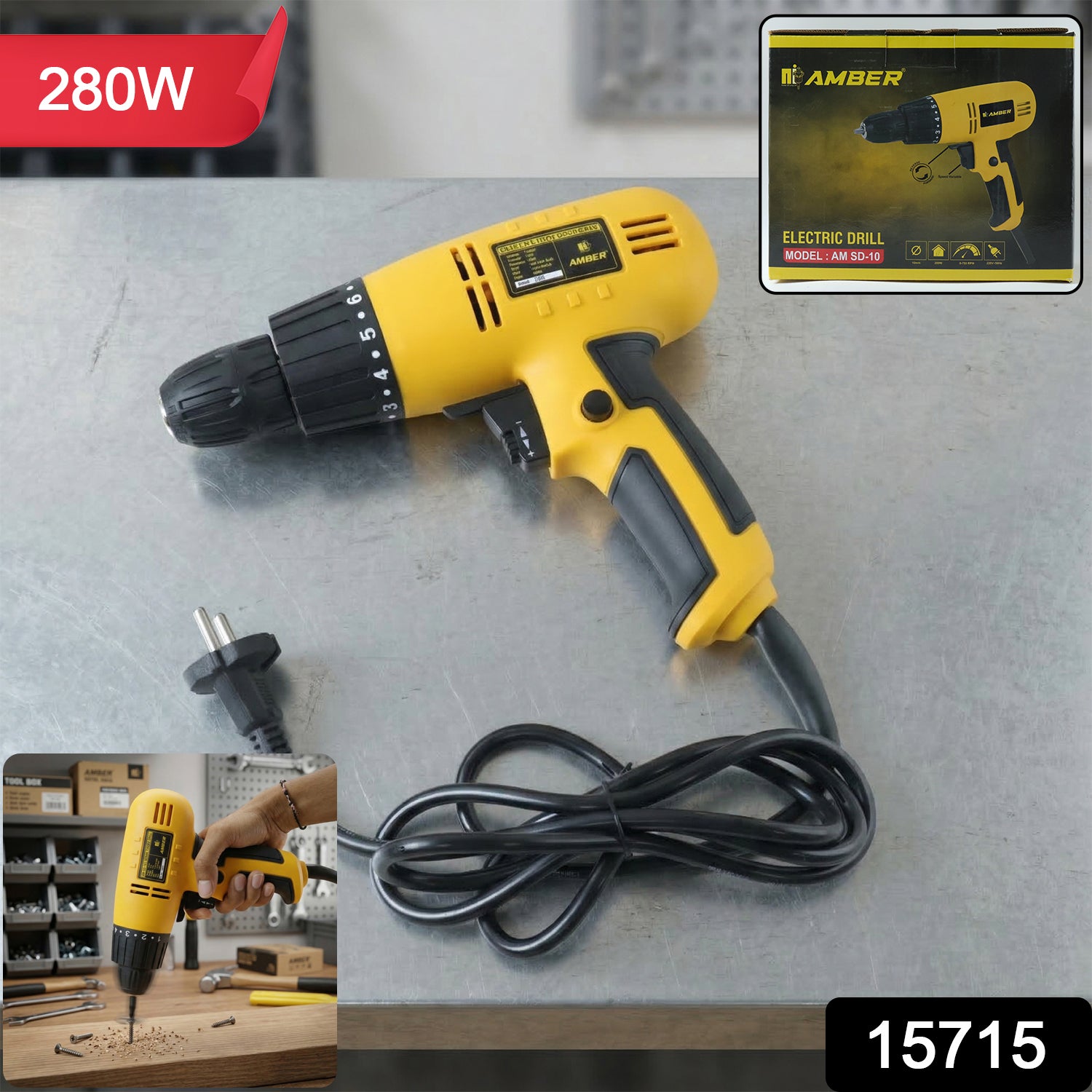 Wukusy high-performance electric drill machine with 280W power, shown with drill bit attached, ideal for DIY and professional projects.