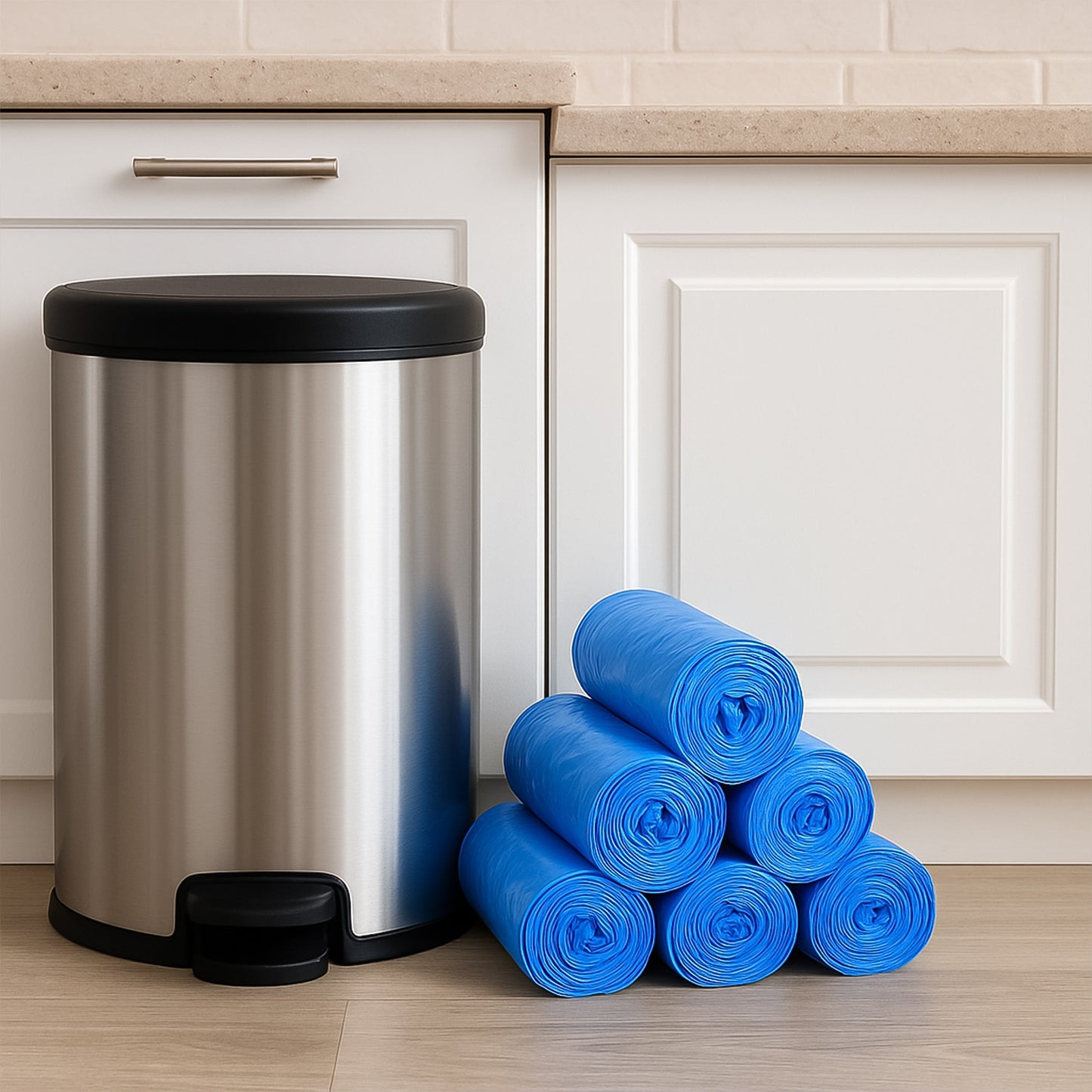 Set of five Wukusy high-quality garbage bags measuring 50x60 cm, suitable for household waste disposal.