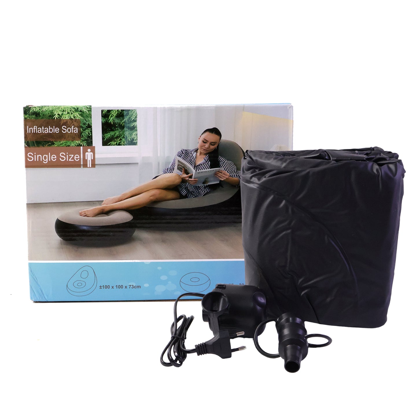 Wukusy inflatable air sofa chair set with one large 100x100x73cm and a smaller 55x55x30cm inflatable seat, shown inflated and ready for use.