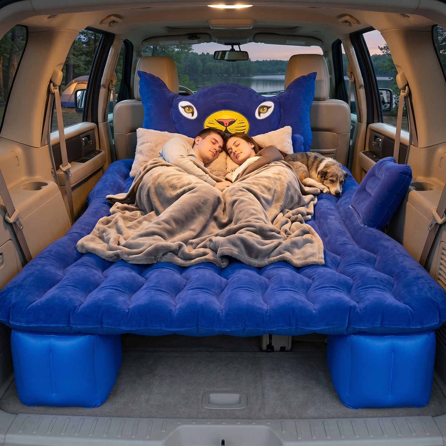 Wukusy inflatable car bed set with lion head pillow and cushions for comfortable travel sleeping, shown in a car interior.