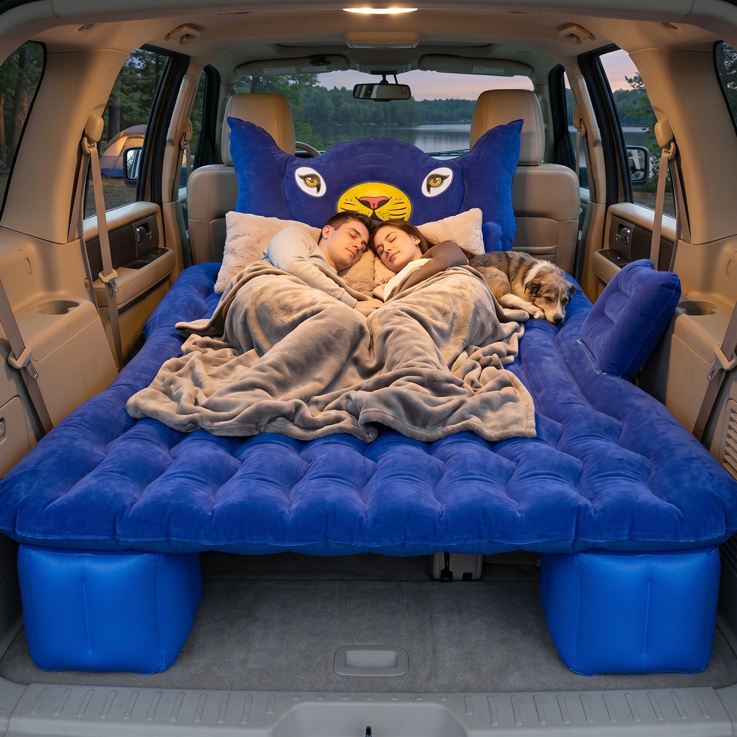 Wukusy inflatable car bed set with lion head pillow and cushions for comfortable travel sleeping, shown in a car interior.
