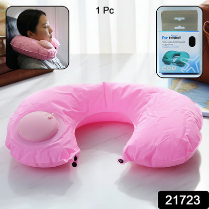 Wukusy inflatable travel neck pillow, soft fabric cover, contoured for neck support, designed for comfortable travel.