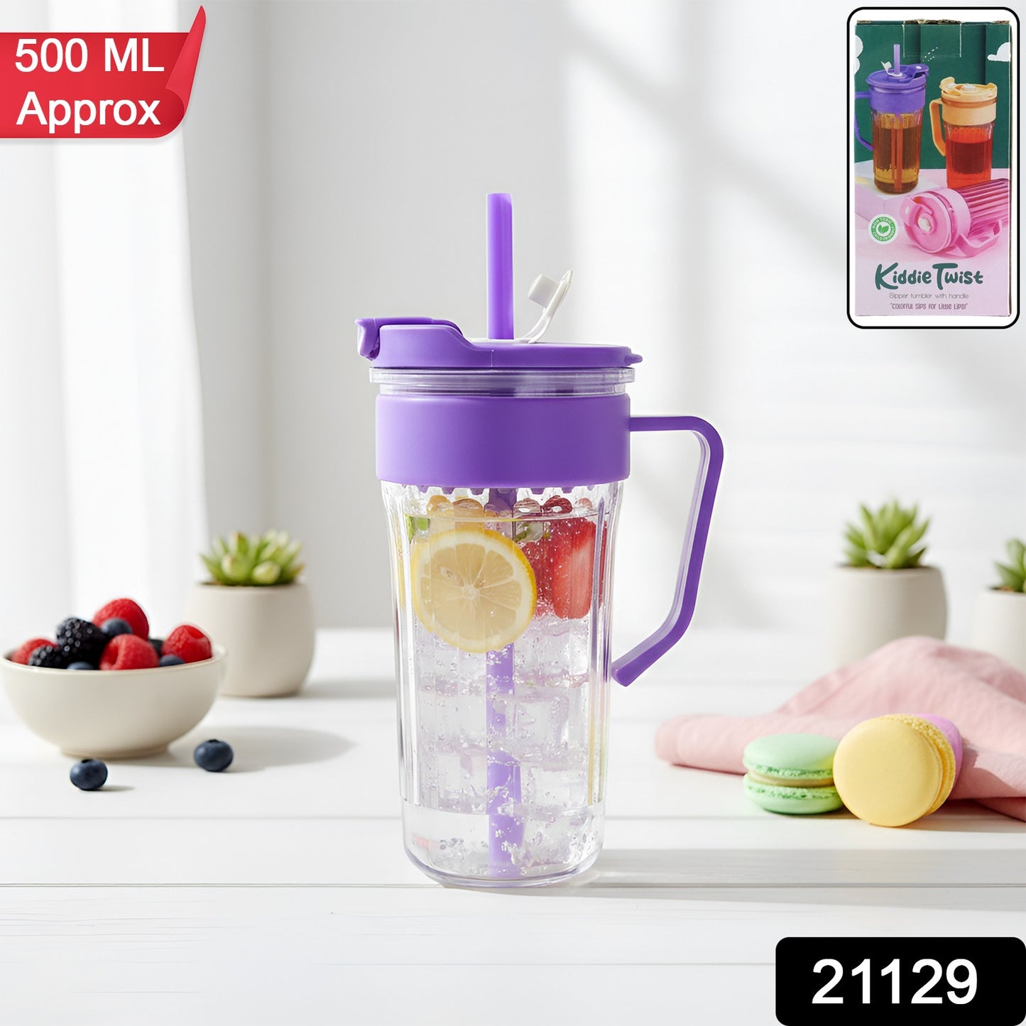 Wukusy Kiddie Style plastic tumbler with straw and handle, 500 ml capacity, colorful and child-friendly drink container.
