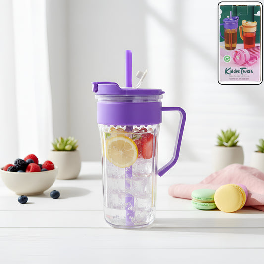 Wukusy Kiddie Style plastic tumbler with straw and handle, 500 ml, colorful kids’ drink container with a secure lid and easy grip handle.