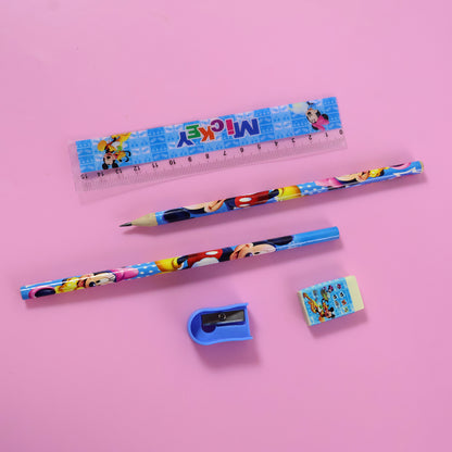 Kids 5-in-1 stationery kit by Wukusy featuring colorful pens, pencils, erasers, and a cartoon-style carry bag.