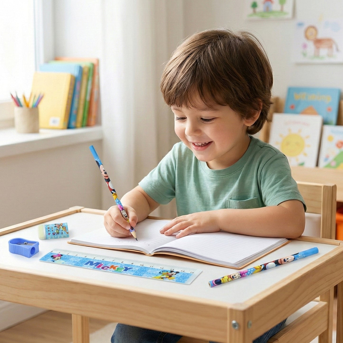 Kids 5-in-1 stationery kit by Wukusy with colorful cartoon carry bag, includes crayons, markers, and paper for creative activities.