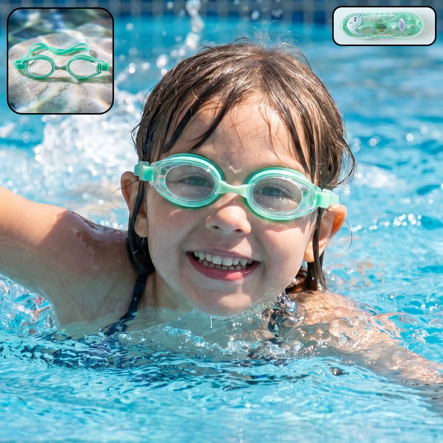 Kids Wukusy anti-fog swimming goggles with adjustable strap and leak-proof design, shown with clear lenses on a white background.