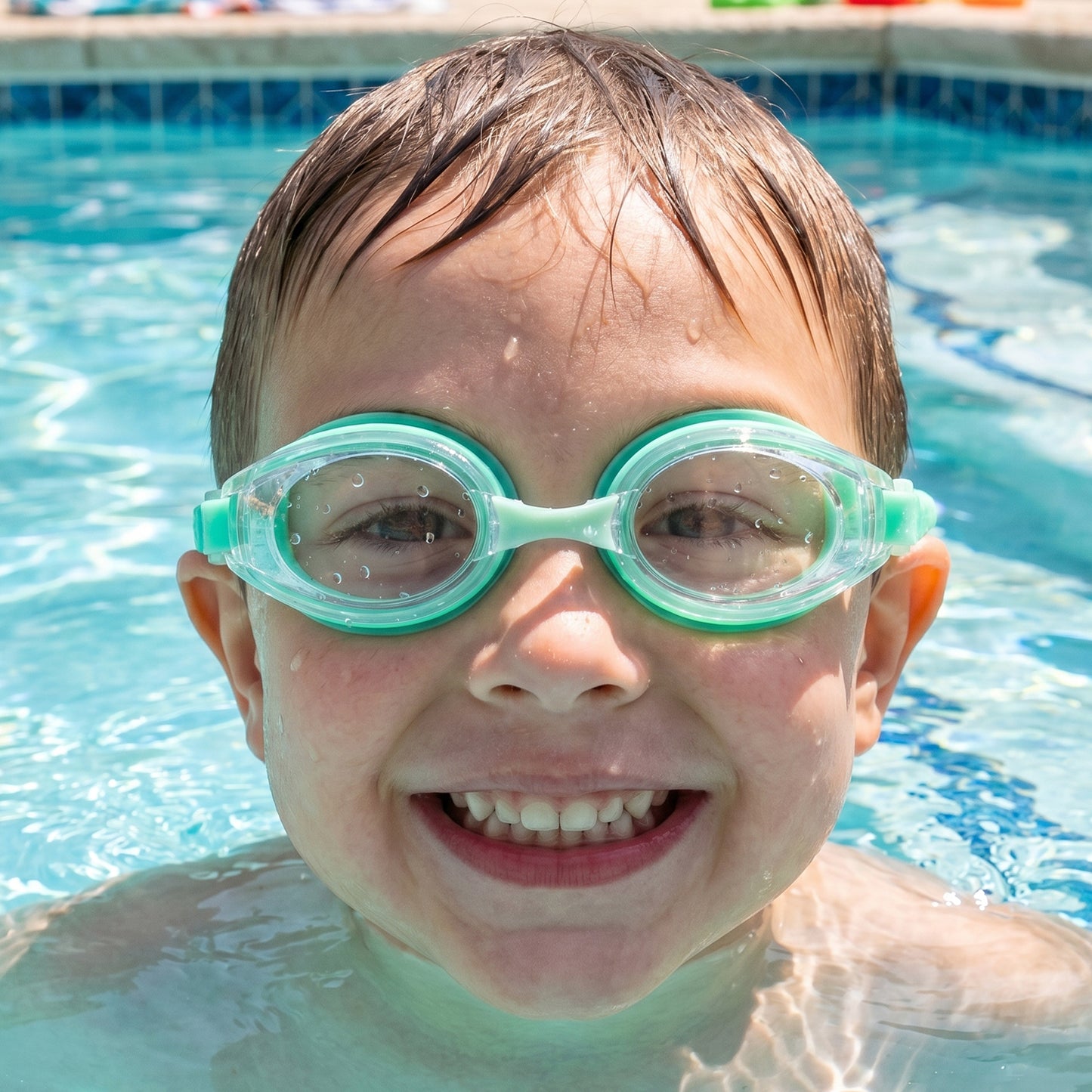 Kids anti-fog swimming goggles by Wukusy with adjustable strap and leak-proof design, shown with clear lenses and secure fit.