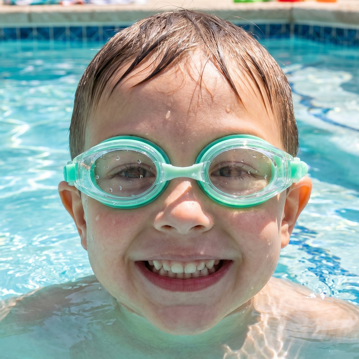 Kids anti-fog swimming goggles by Wukusy with adjustable strap and leak-proof design, shown with clear lenses and secure fit.